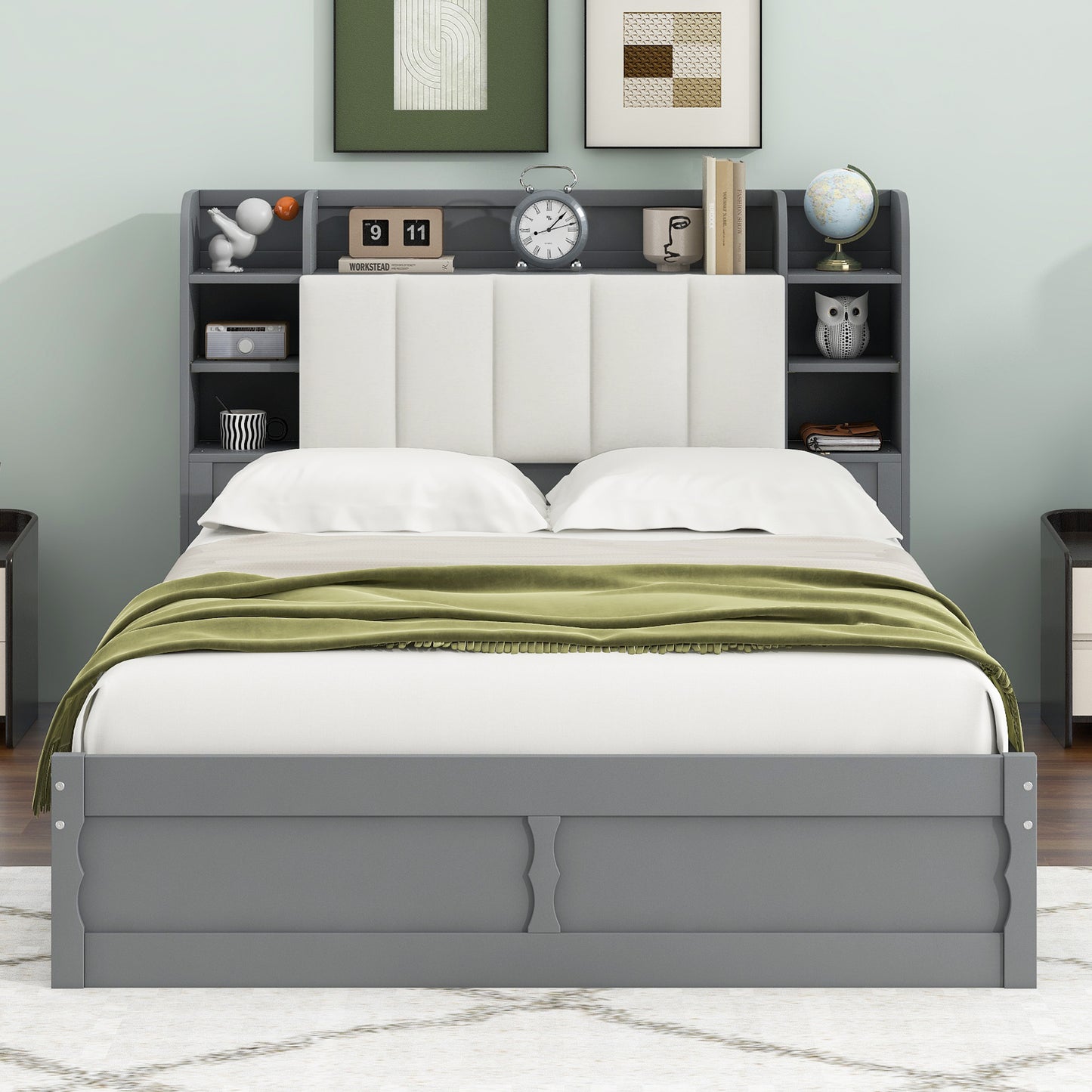 Wood Queen Size Platform Bed with Storage Headboard Shelves and 2 Drawers Gray