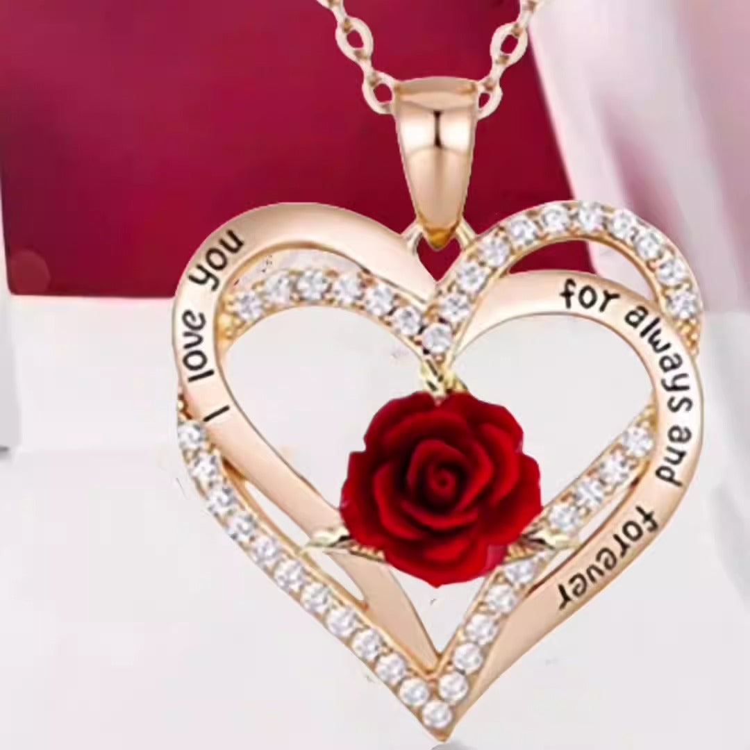 Cross border hot selling double-layer heart-shaped pendant with roses, European and American fashionable love necklace, annivers