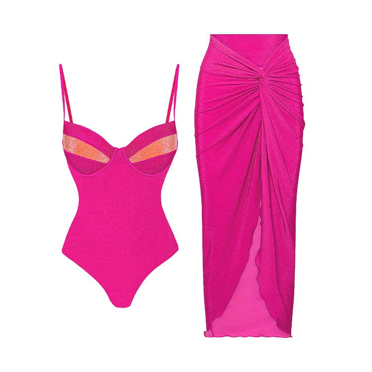 Fluorescent sexy one piece swimsuit wrapped skirt set for women