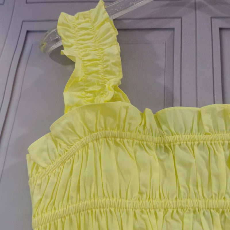 Romantic cheese yellow exposed navel strap A-line slimming pleated skirt