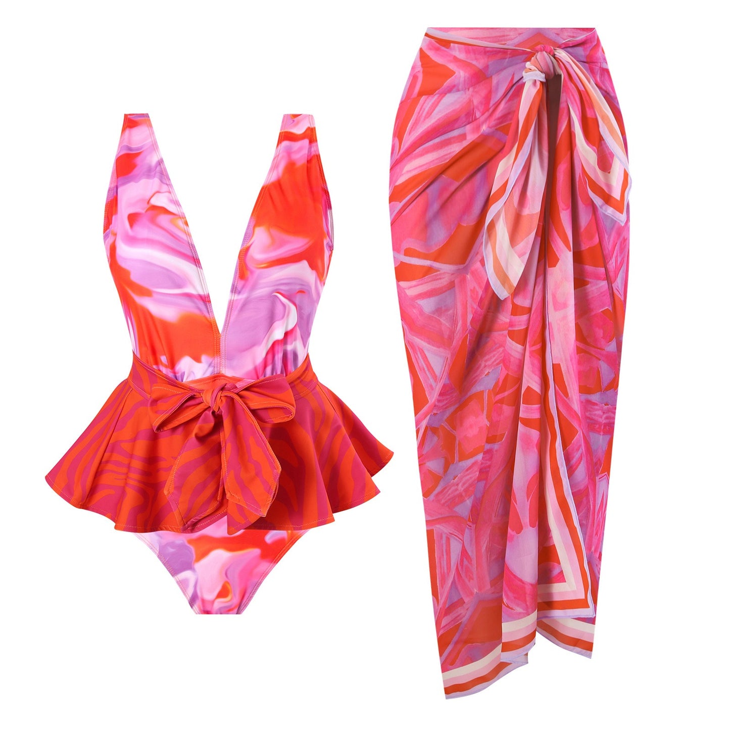 Rose Red Swimsuit Retro New One Piece Swimsuit Women's Deep V-Lace Chiffon Skirt Set