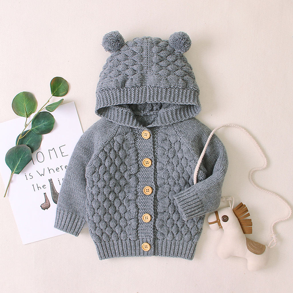 Children's solid color sweater three-dimensional wool ball hooded knitted jacket