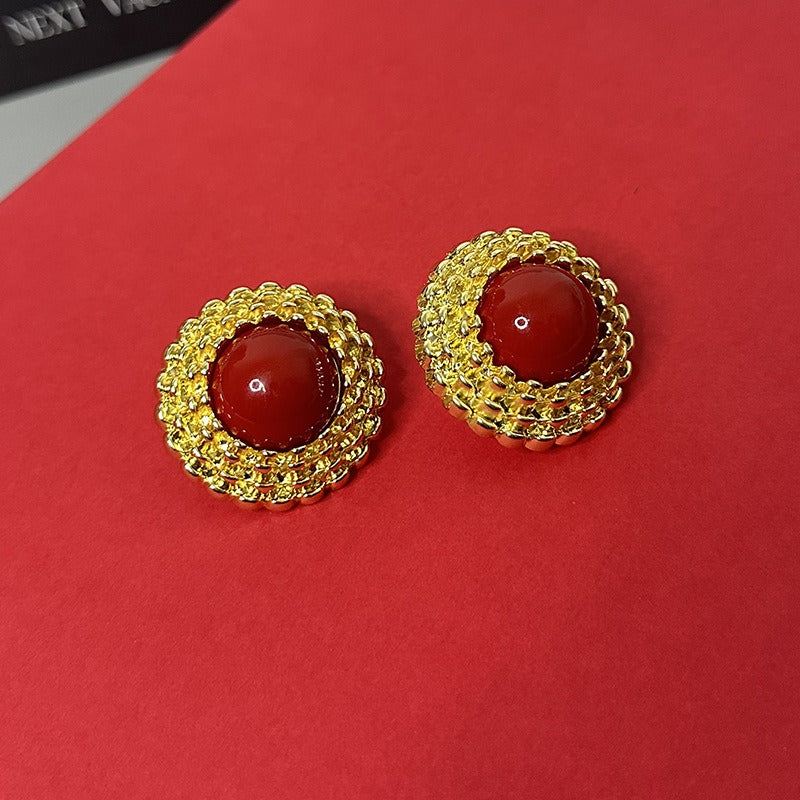 Three-dimensional round button red earrings fashionable personality simple temperament earrings for women