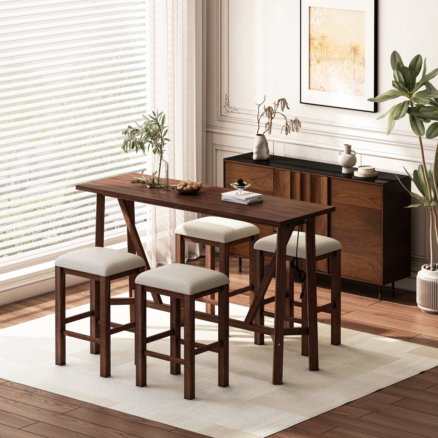 Modern 5-Piece Dining Table Set with Power Outlets Bar Kitchen Table Set