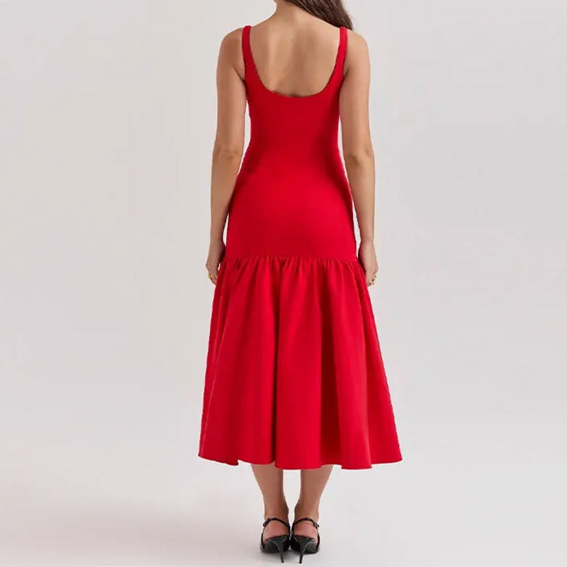Square neckline sleeveless women's elegant ruffled edge solid color suspender dress