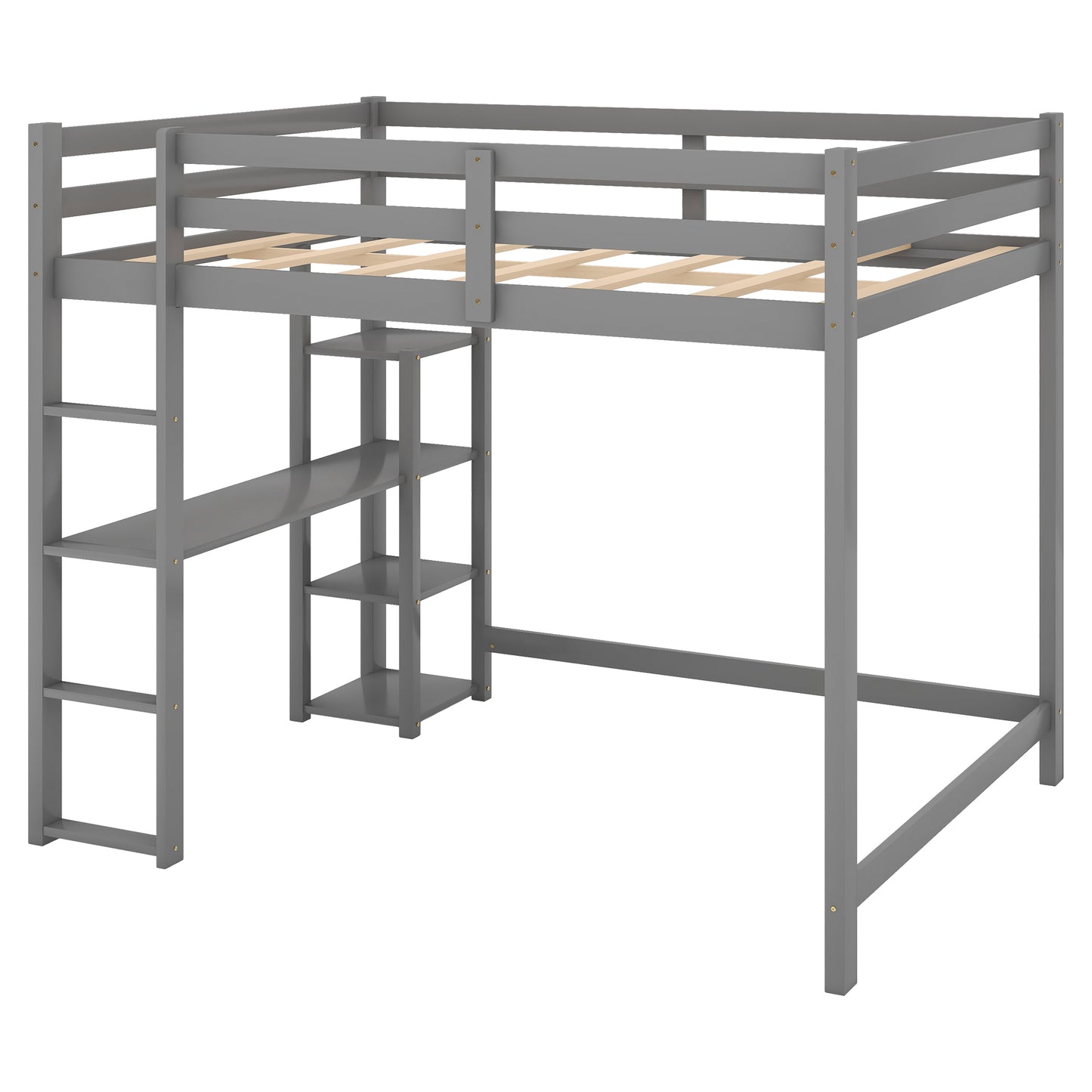Full Size Loft Bed with Built-in Desk and Shelves Gray