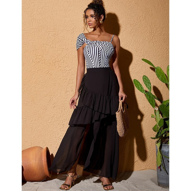 Folded ruffled striped swimsuit bikini mesh long skirt