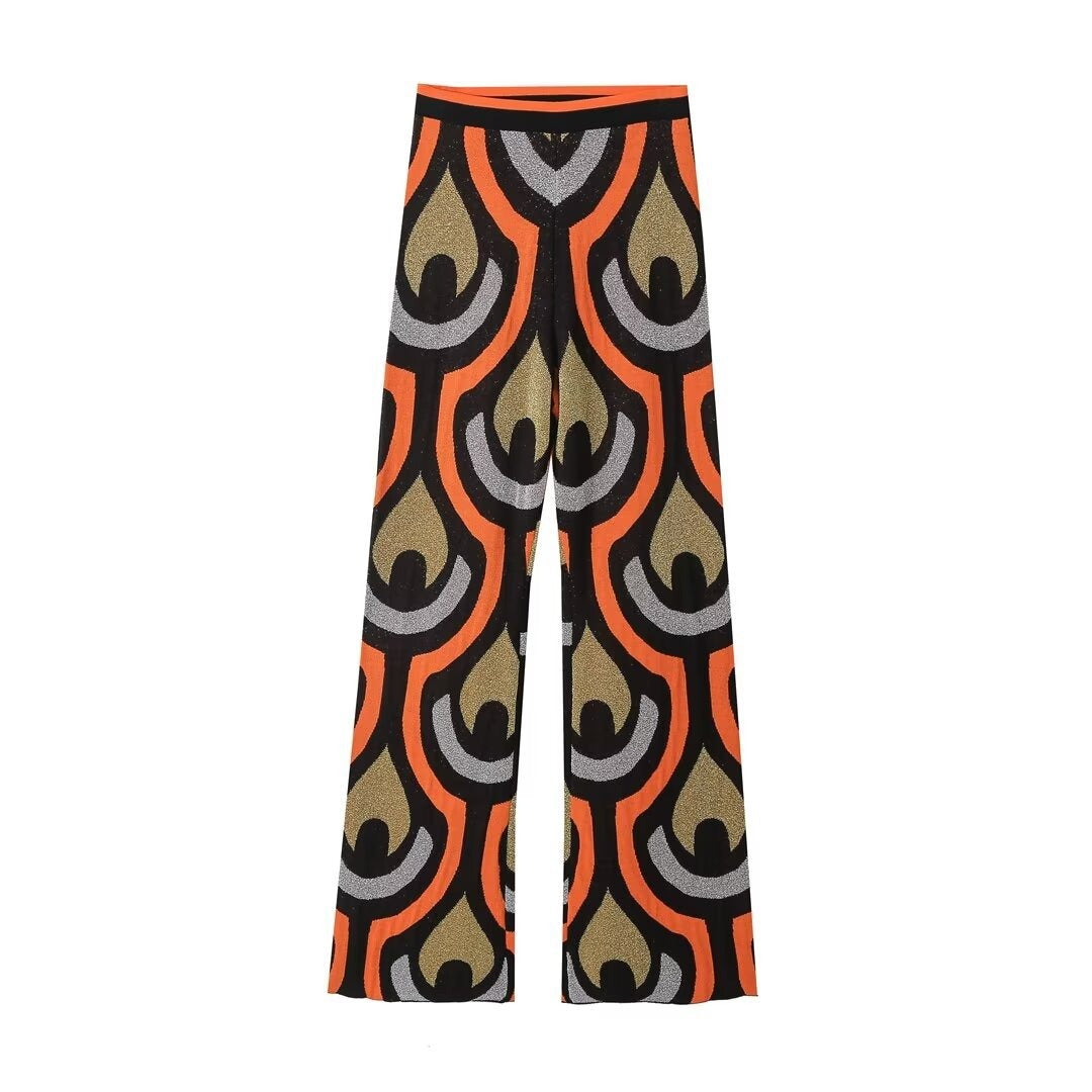 Women Knitted Print Long Sling Top Two Piece Set Lady Casual Sleeveless Square Neck Top Wide Leg Pants Pullover Knitwear Suits