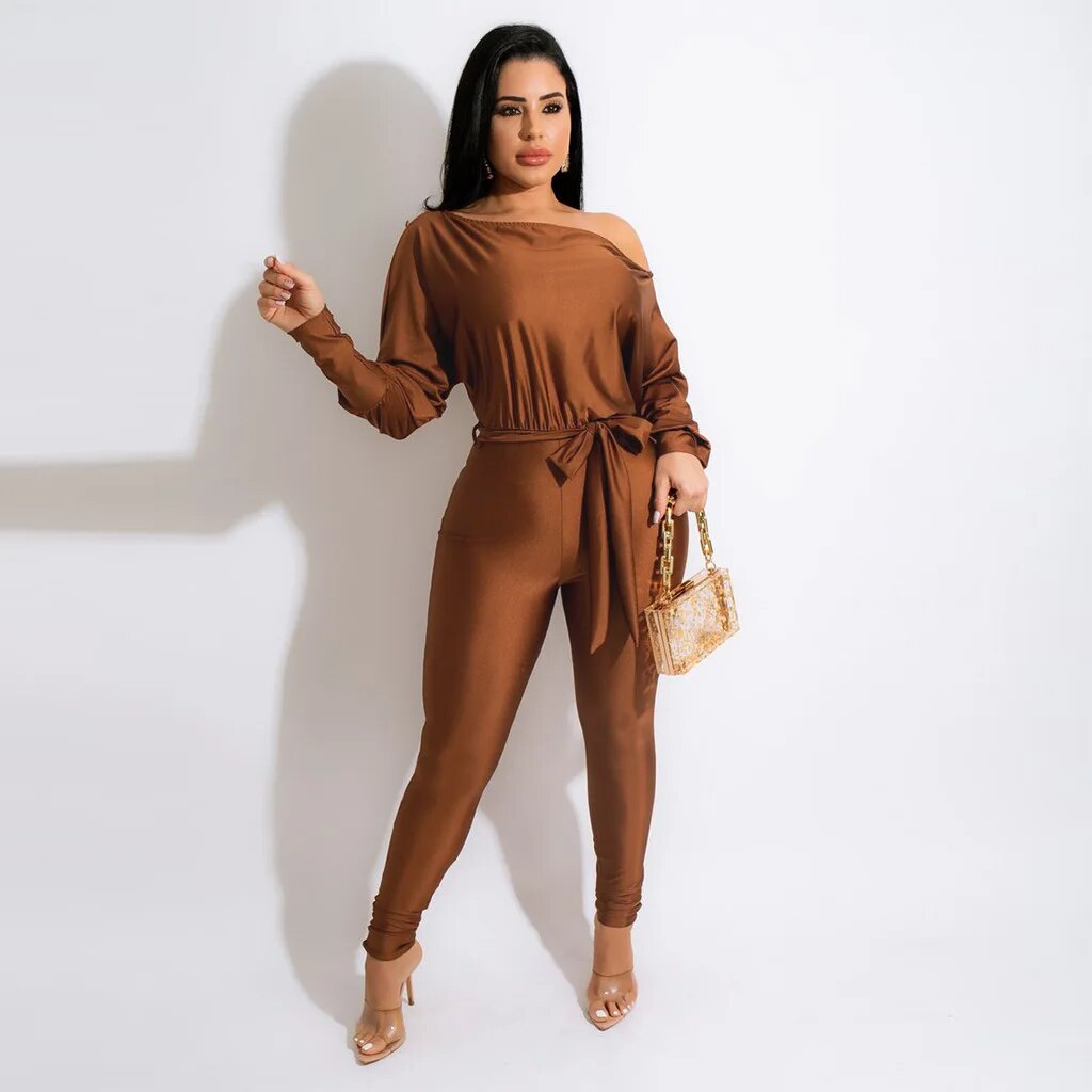 Autumn Women Clothing New Style Hot Sale Fashion Sexy Solid Color One Shoulder Lace Up Long Sleeved Trousers Jumpsuit