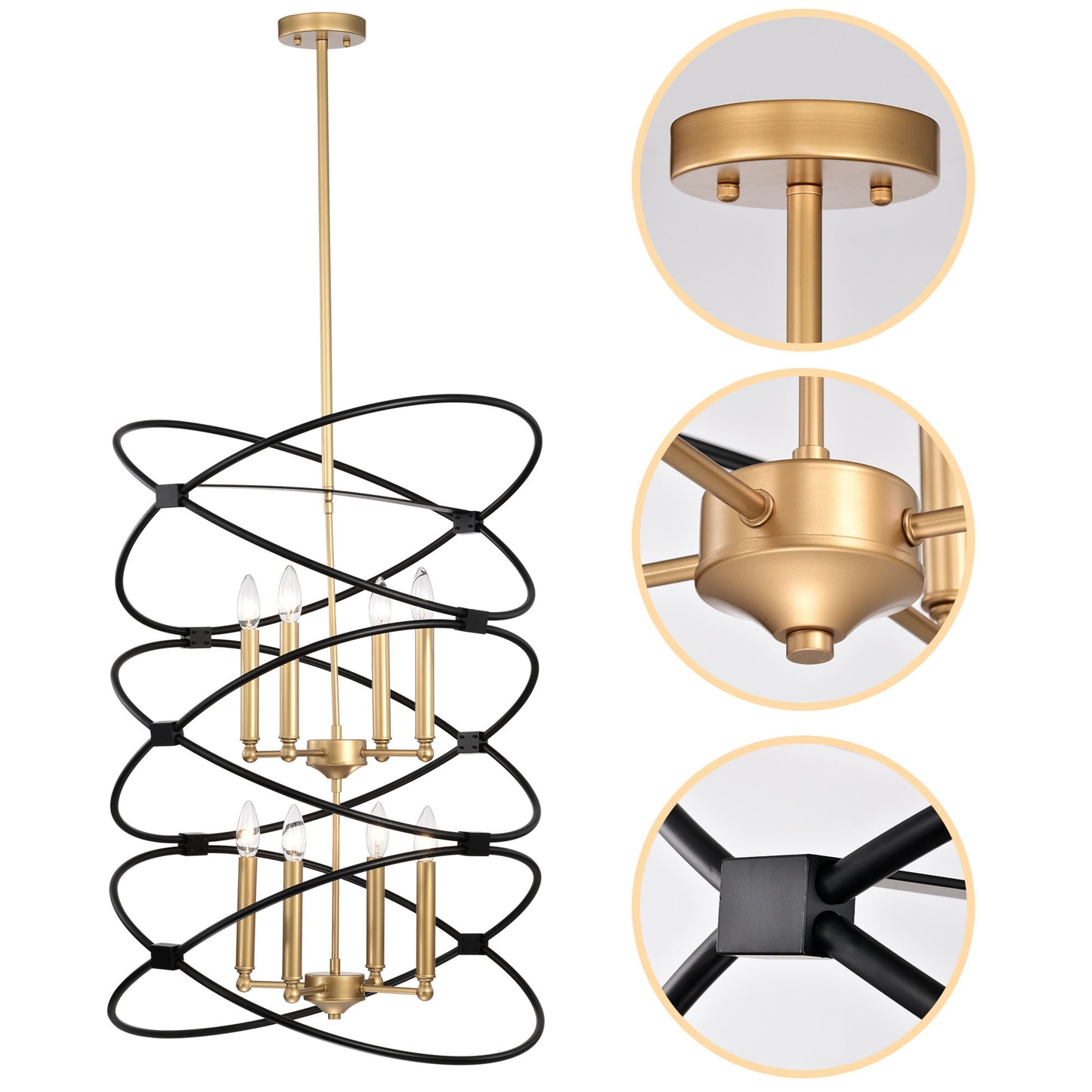 Transitional Gold/Matte Black Metal Chandelier Fixture, 8 lights, 2-Tier-Candle Ceiling Light for Living Room, Bedroom