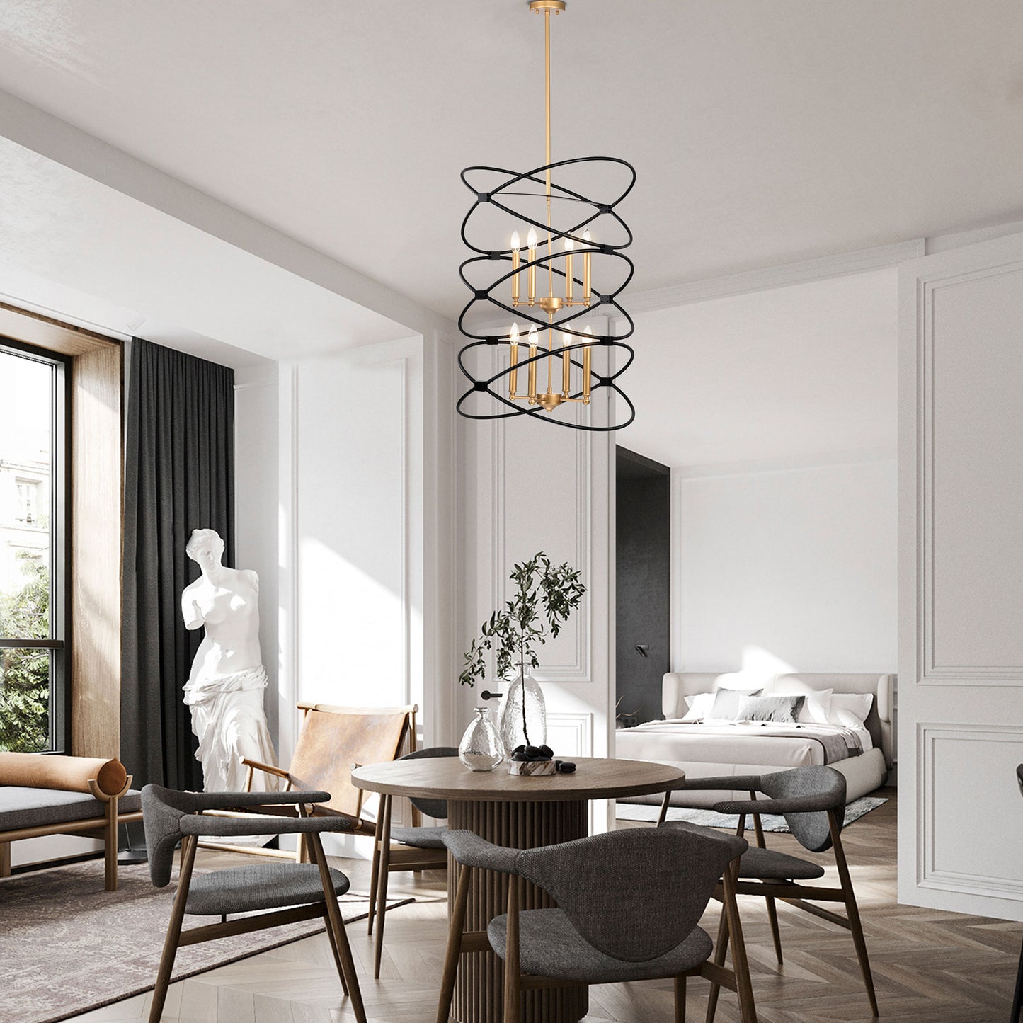 Transitional Gold/Matte Black Metal Chandelier Fixture, 8 lights, 2-Tier-Candle Ceiling Light for Living Room, Bedroom