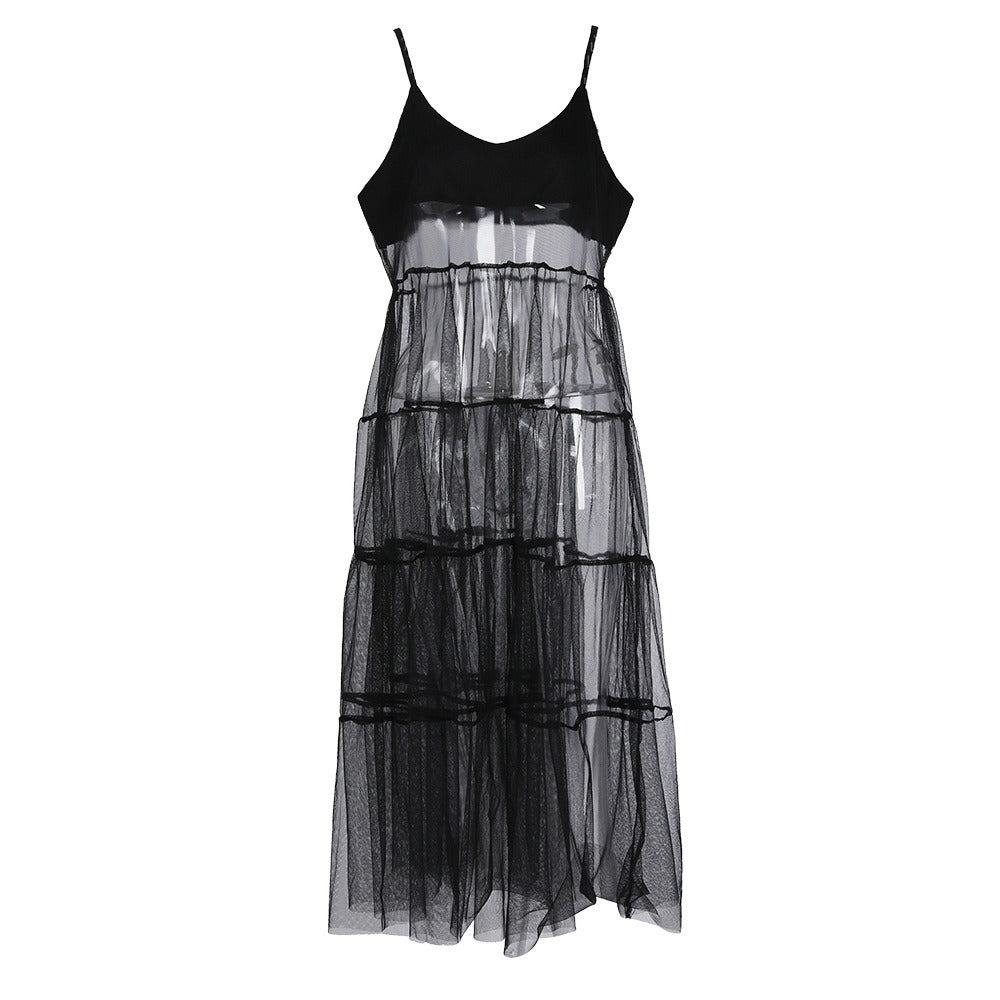Dressed women's V-neck, shoulder strap, outer cover, gauze skirt, concave shape, explosive street skirt trend