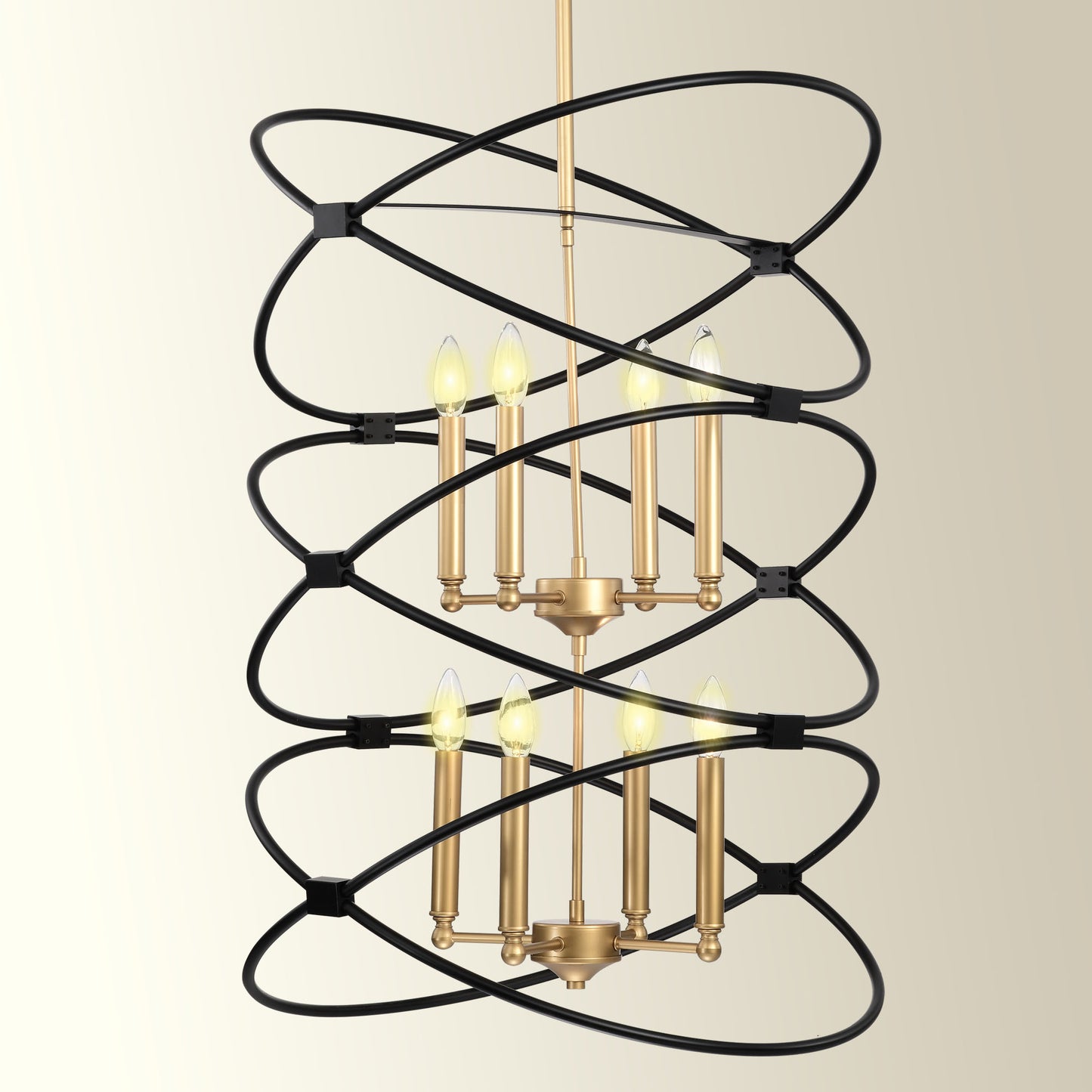 Transitional Gold/Matte Black Metal Chandelier Fixture, 8 lights, 2-Tier-Candle Ceiling Light for Living Room, Bedroom