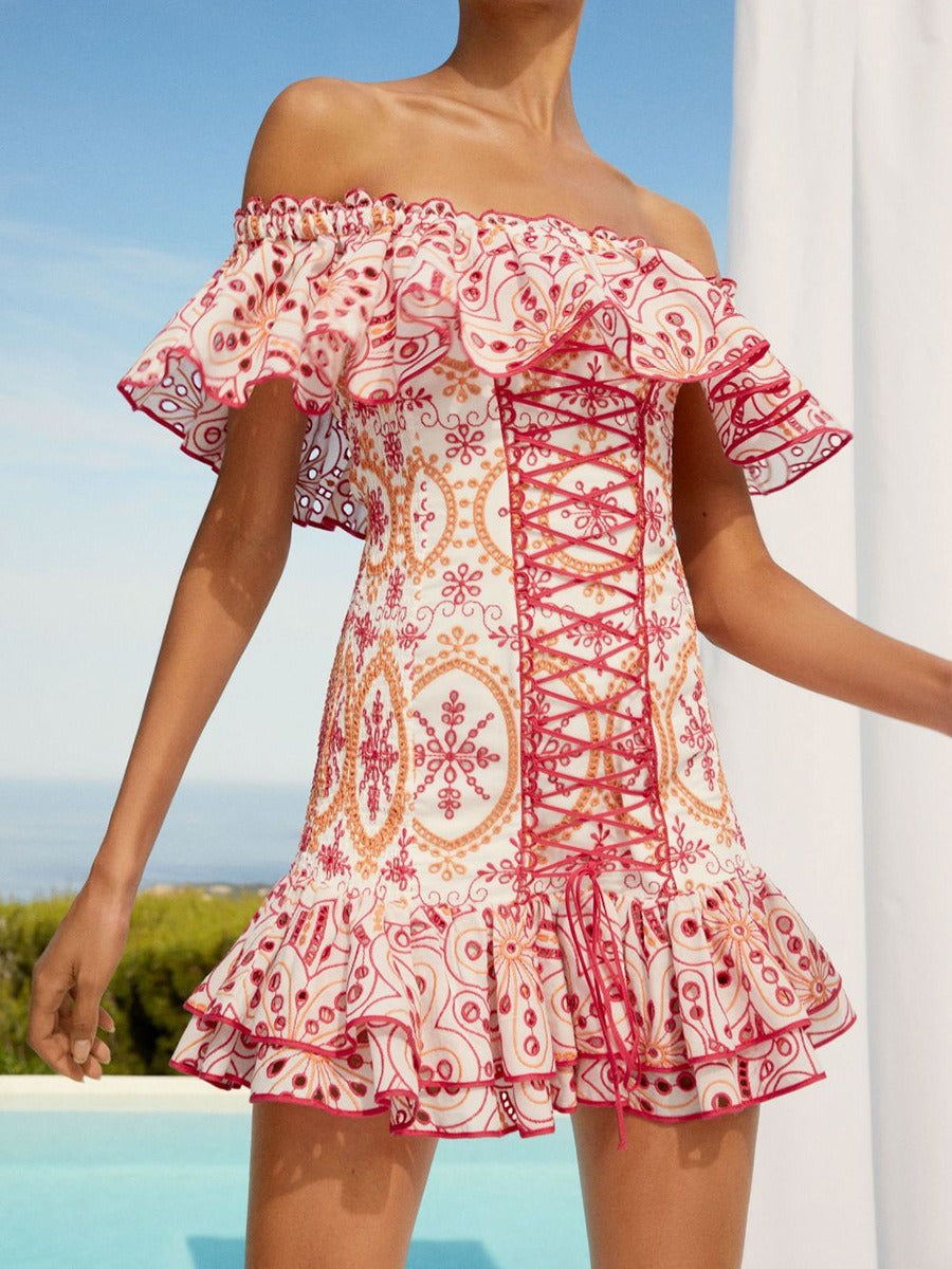 Ruffle lace waistband slimming holiday style dress with hollowed out short skirt for women