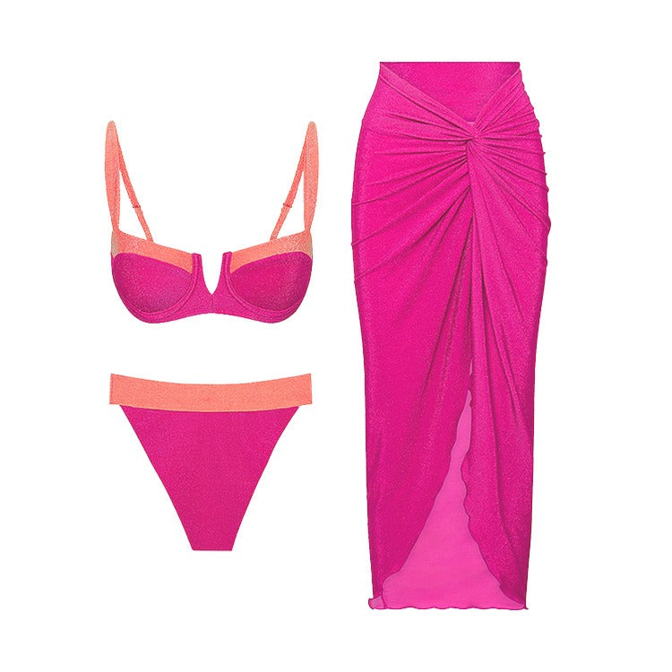 Fluorescent sexy one piece swimsuit wrapped skirt set for women