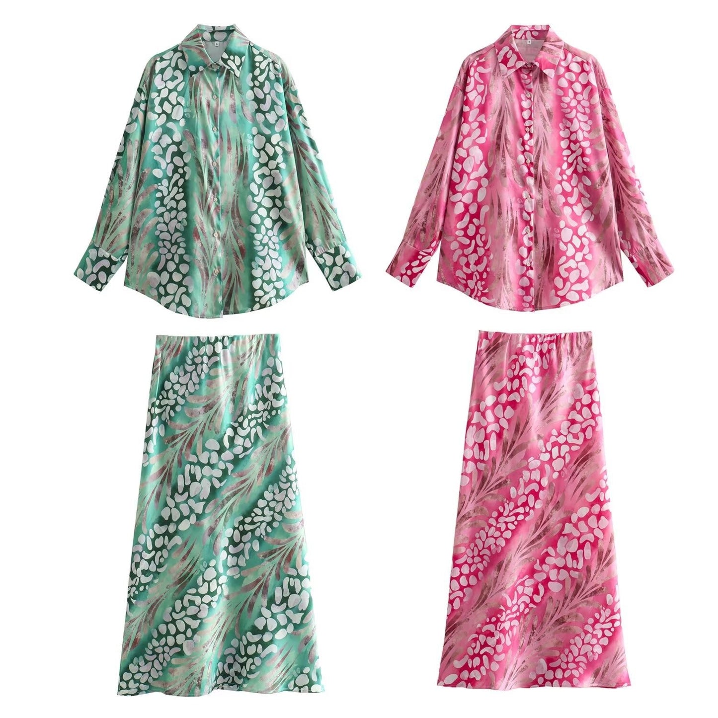 Silk texture printed casual shirt high waisted midi skirt