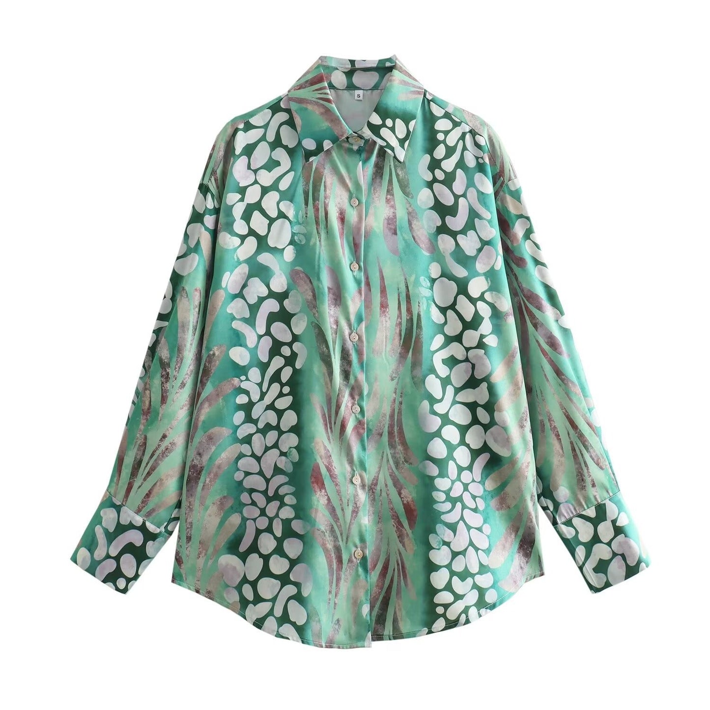 Silk texture printed casual shirt high waisted midi skirt