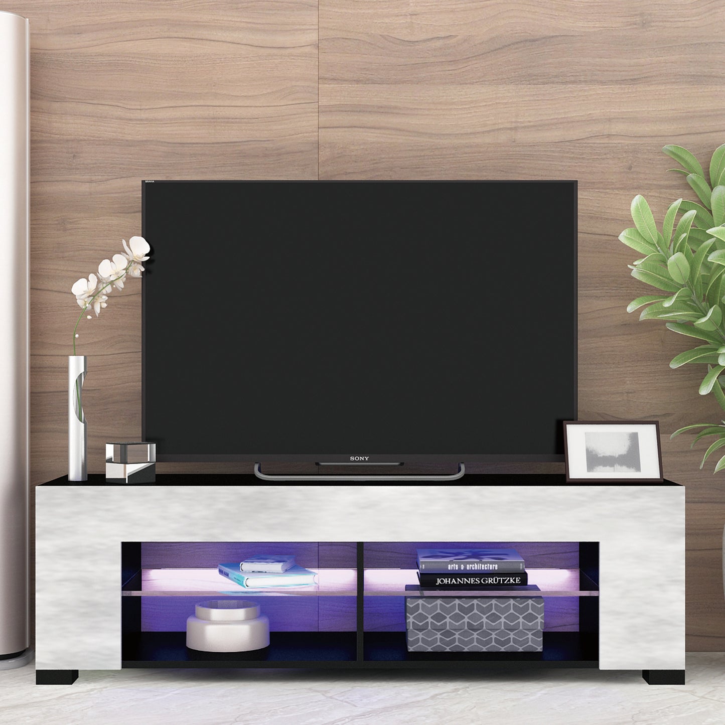 TV Stand for 32-60 Inch TVs Modern Low Profile Black+Stone Grey Entertainment Center