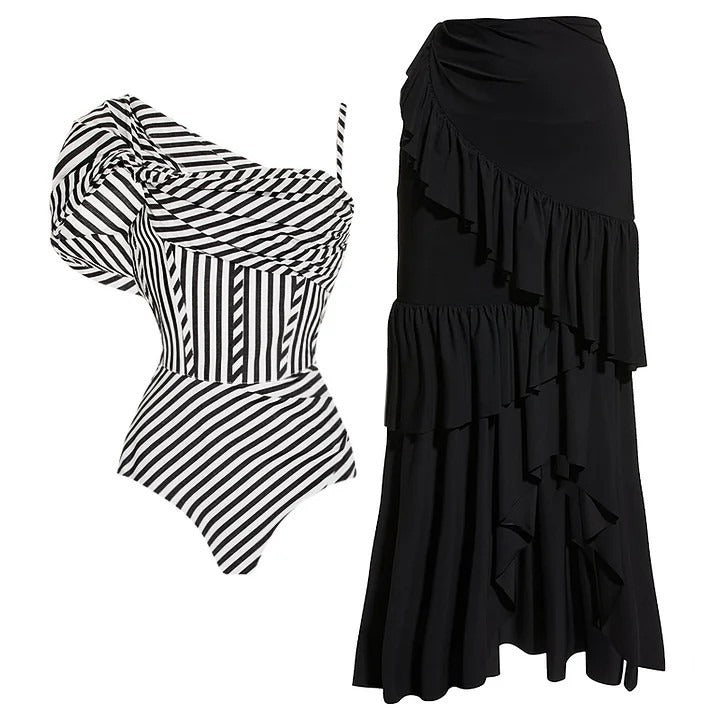 Folded ruffled striped swimsuit bikini mesh long skirt