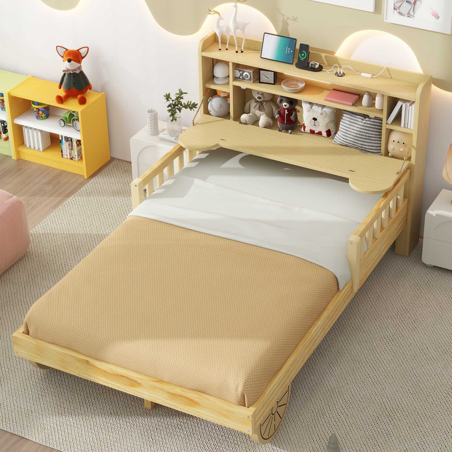 Full Size Car Bed with Bear-Shaped Headboard  USB and LED  Natural