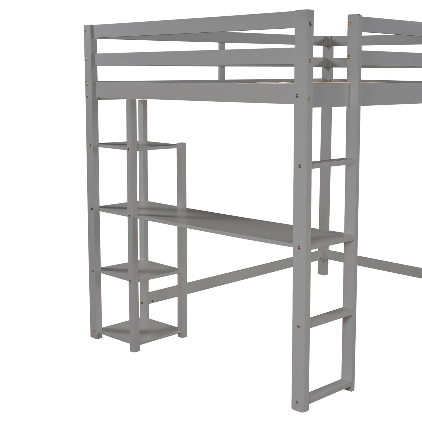 Full Size Loft Bed with Built-in Desk and Shelves Gray