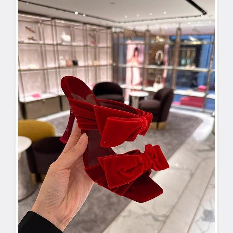 women's red velvet bow sandals open toe