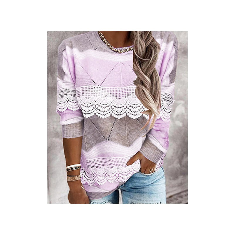 New lace lace lace pullover top, women's ice cream color round neck knit sweater, color blocking, outerwear sweater