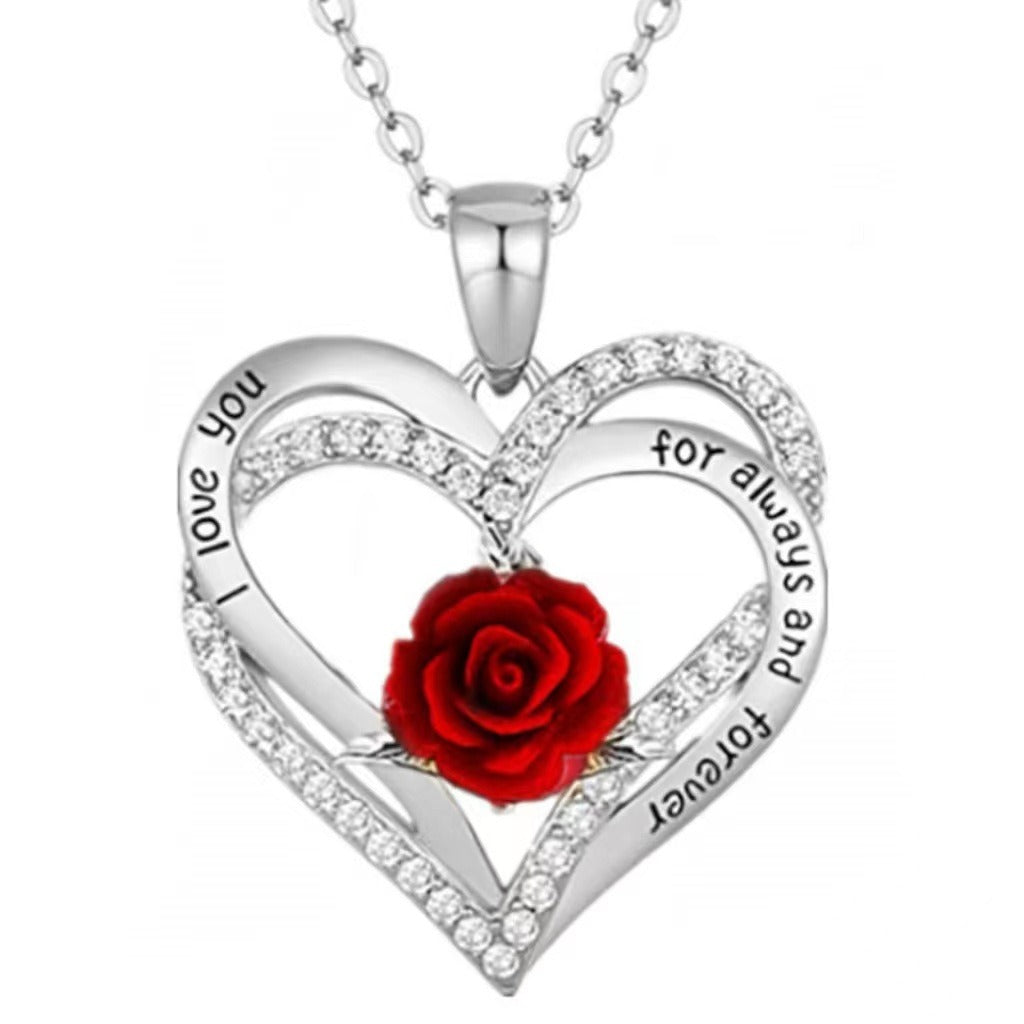 Cross border hot selling double-layer heart-shaped pendant with roses, European and American fashionable love necklace, annivers