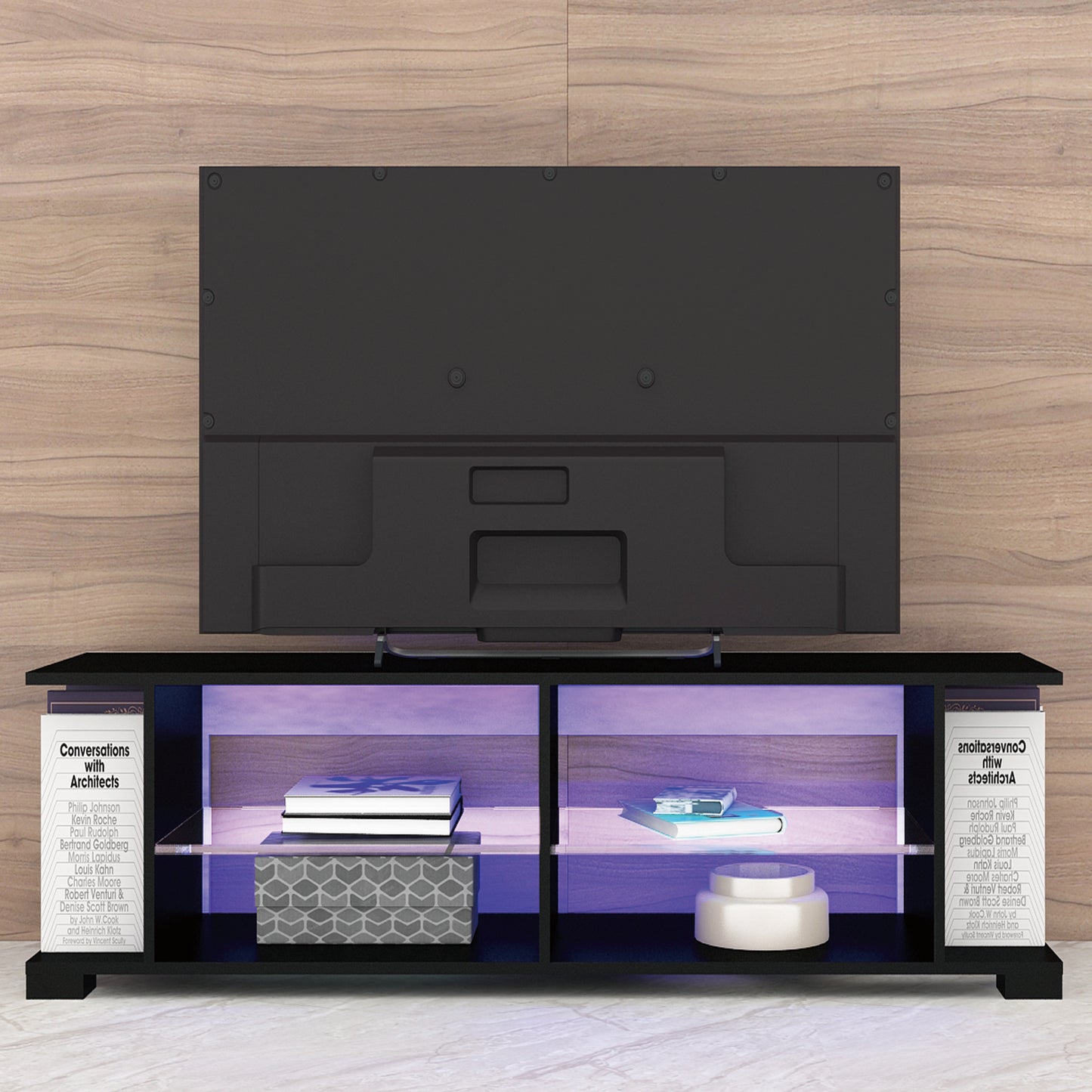 TV Stand for 32-60 Inch TVs Modern Low Profile Black+Stone Grey Entertainment Center