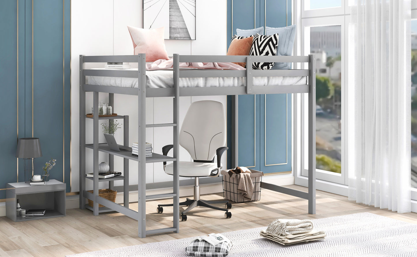 Full Size Loft Bed with Built-in Desk and Shelves Gray