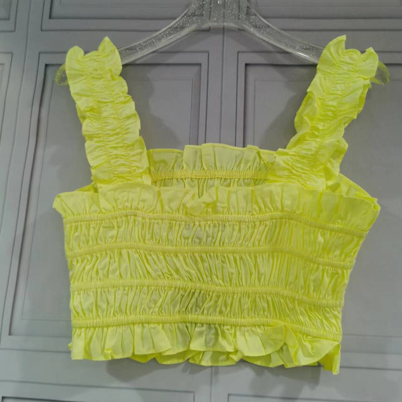 Romantic cheese yellow exposed navel strap A-line slimming pleated skirt