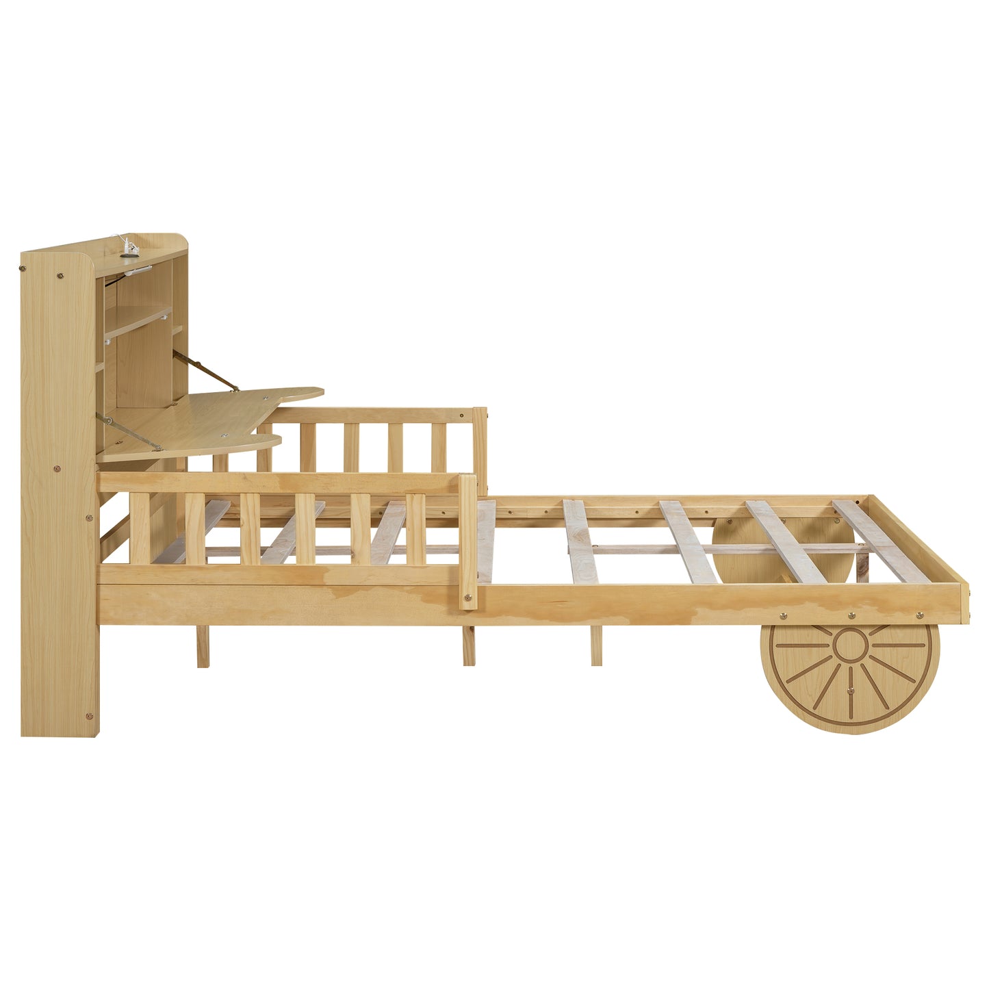 Full Size Car Bed with Bear-Shaped Headboard  USB and LED  Natural
