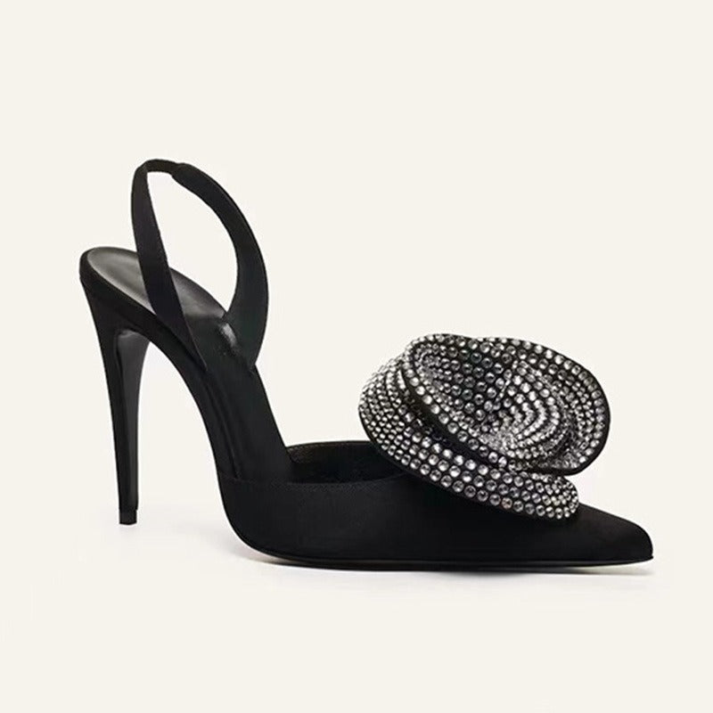 Pointed toe stiletto ultra high heel hollow rose rhinestone satin sandals for women