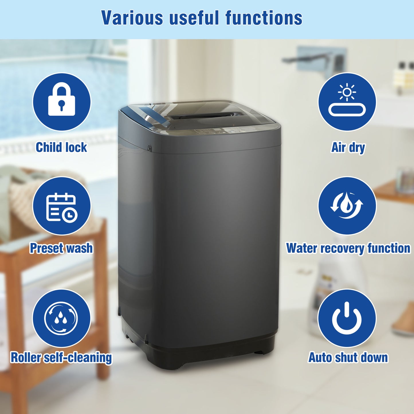 Portable home automatic washer, 15.4Lbs. of laundry, 8 water levels/10 programs for apartments, college dorms, RVs