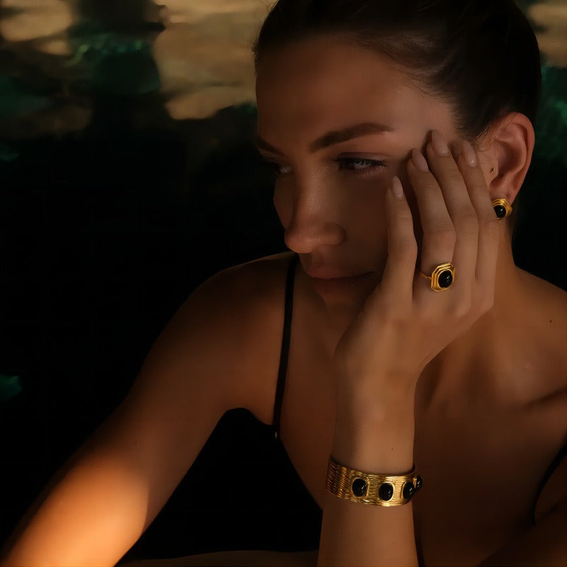 Geometric inlaid gemstone bracelet, stainless steel earrings, open ring, high-end women