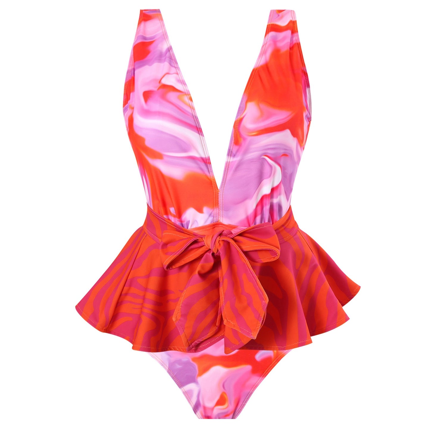 Rose Red Swimsuit Retro New One Piece Swimsuit Women's Deep V-Lace Chiffon Skirt Set