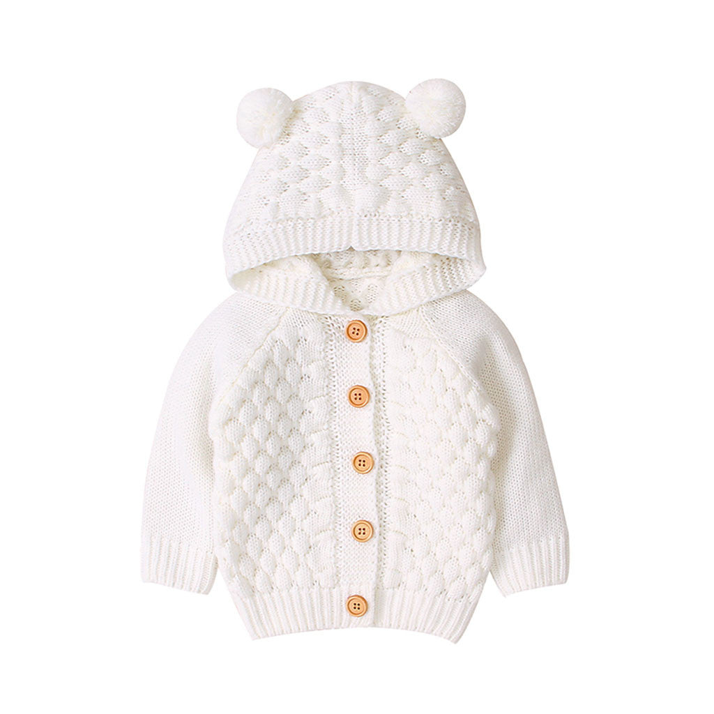 Children's solid color sweater three-dimensional wool ball hooded knitted jacket