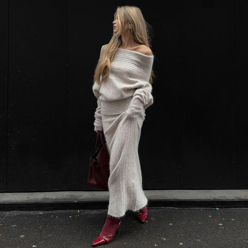 New knitted long sleeve top and skirt 2 piece set solid loose casual streetwear women's set