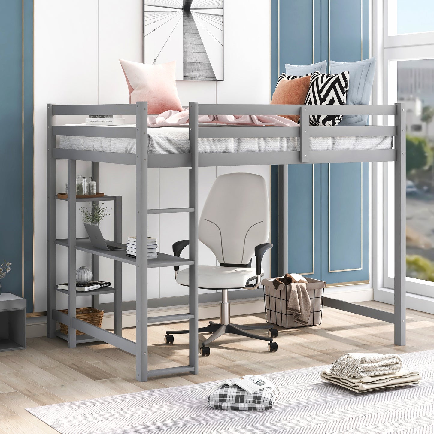 Full Size Loft Bed with Built-in Desk and Shelves Gray