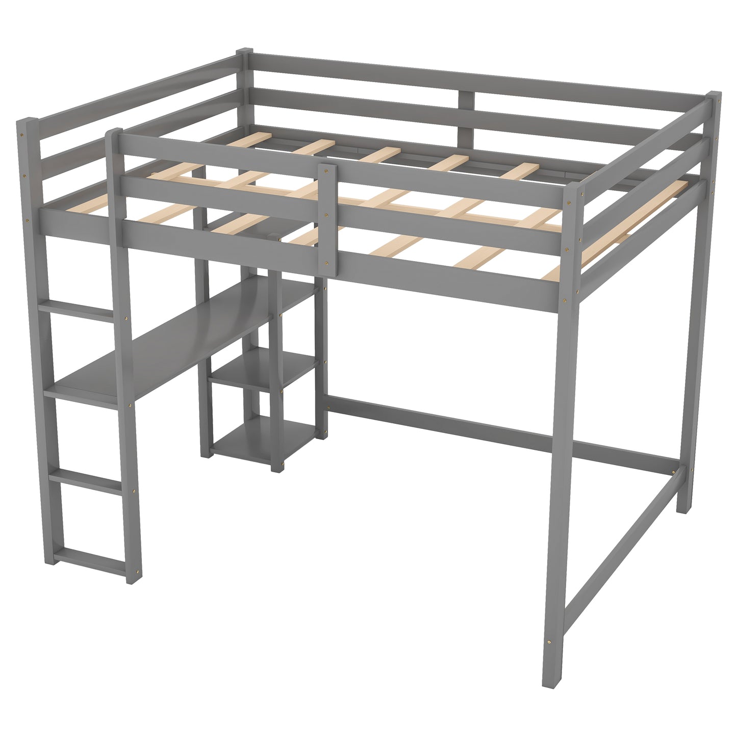 Full Size Loft Bed with Built-in Desk and Shelves Gray