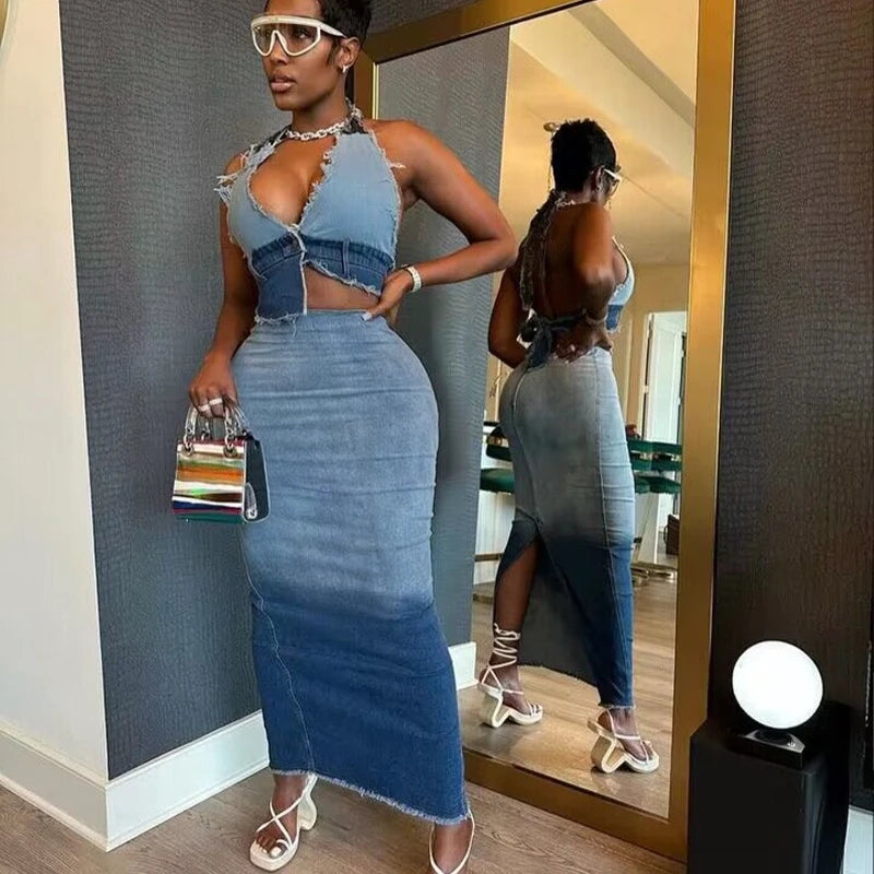 Gradient Jeans Two Piece Set Women Tassel Sexy Lace Up Halter Irregular Vest Crop Top Back Split Bodycon Maxi Skirts Denim Suit