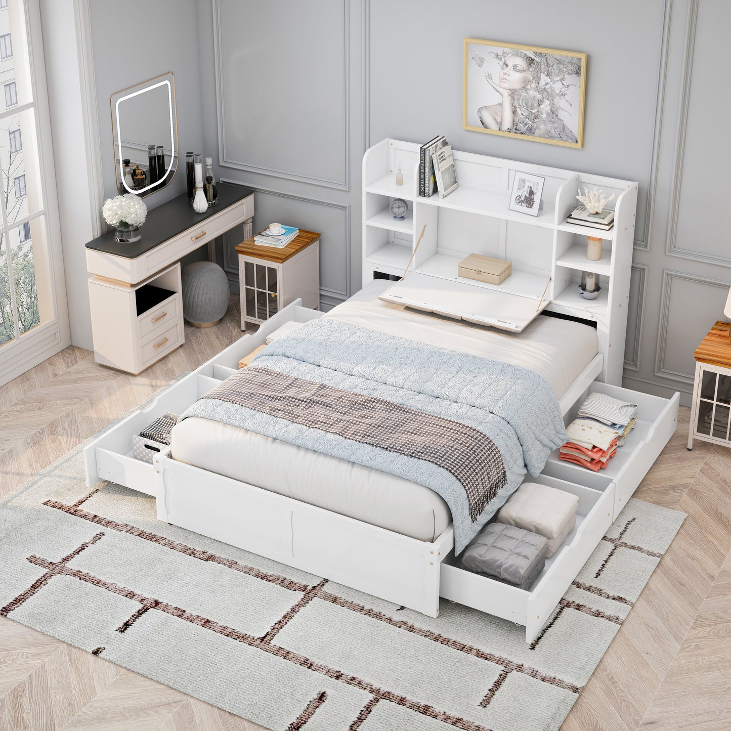 Multi-functional Full Size Bed Frame with 4 Under-bed Portable Storage Drawers and Multi-tier Bedside Storage Shelves White