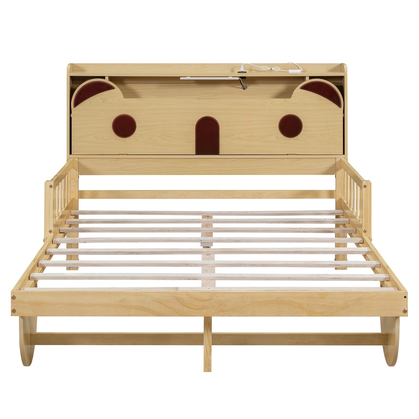 Full Size Car Bed with Bear-Shaped Headboard  USB and LED  Natural