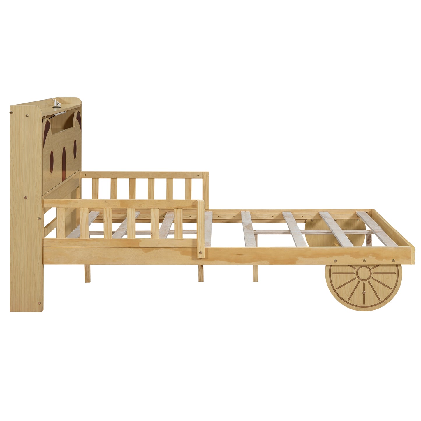 Full Size Car Bed with Bear-Shaped Headboard  USB and LED  Natural