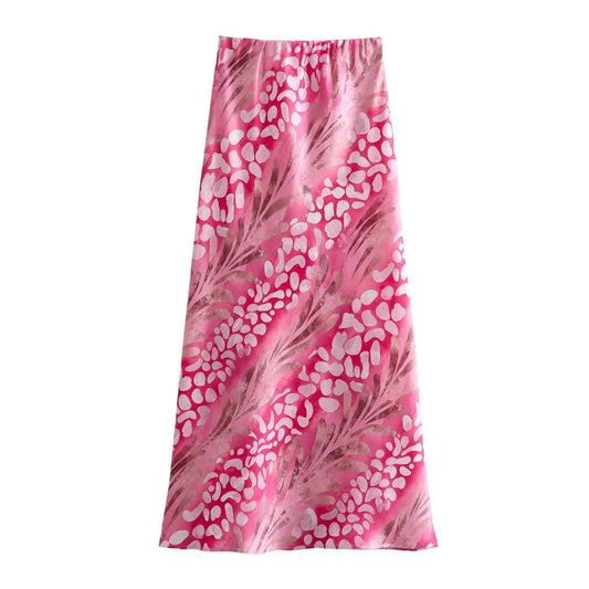 Silk texture printed casual shirt high waisted midi skirt