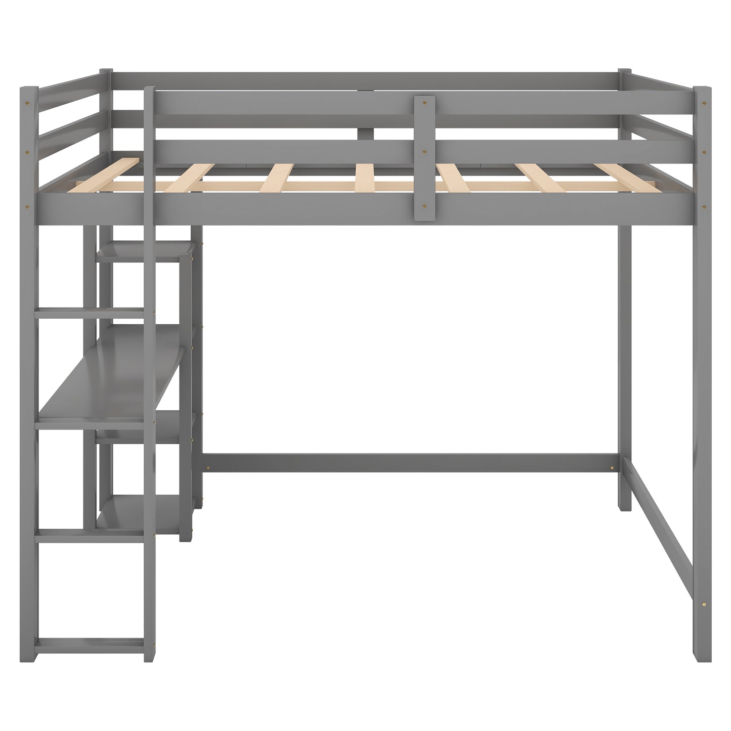 Full Size Loft Bed with Built-in Desk and Shelves Gray
