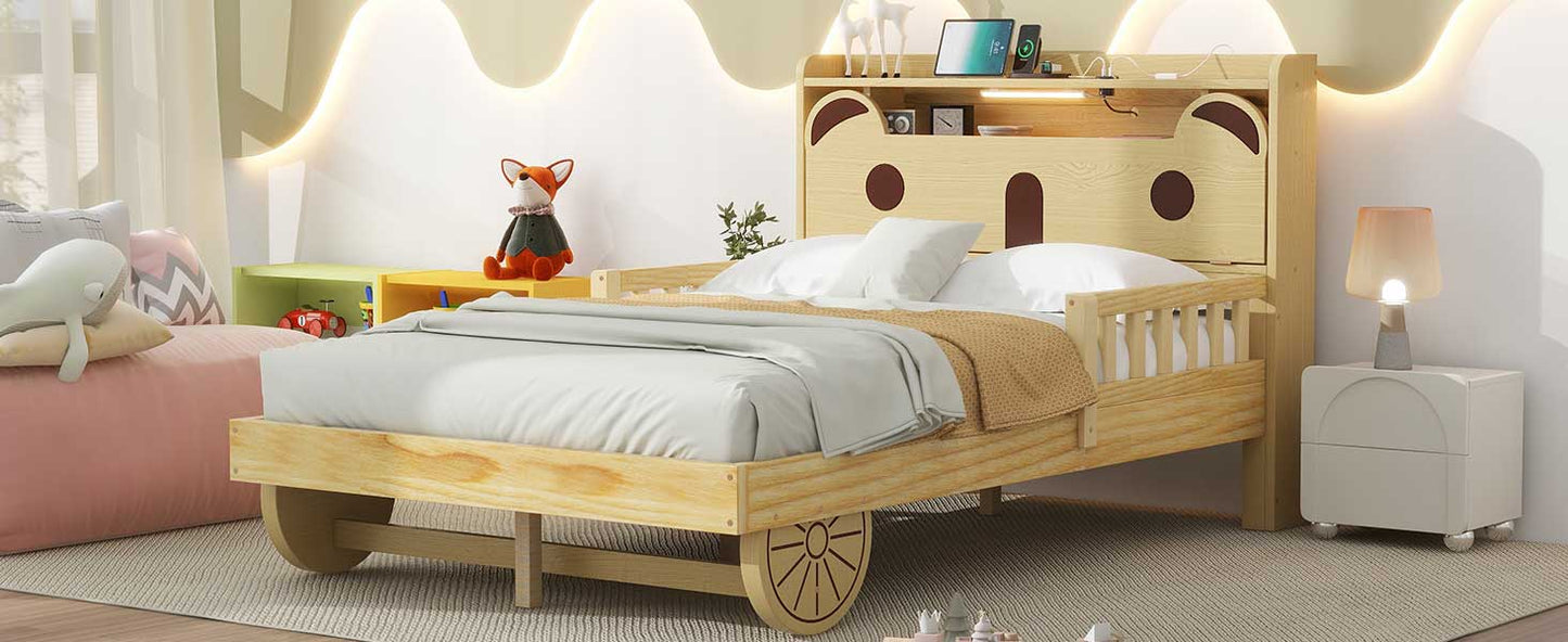 Full Size Car Bed with Bear-Shaped Headboard  USB and LED  Natural