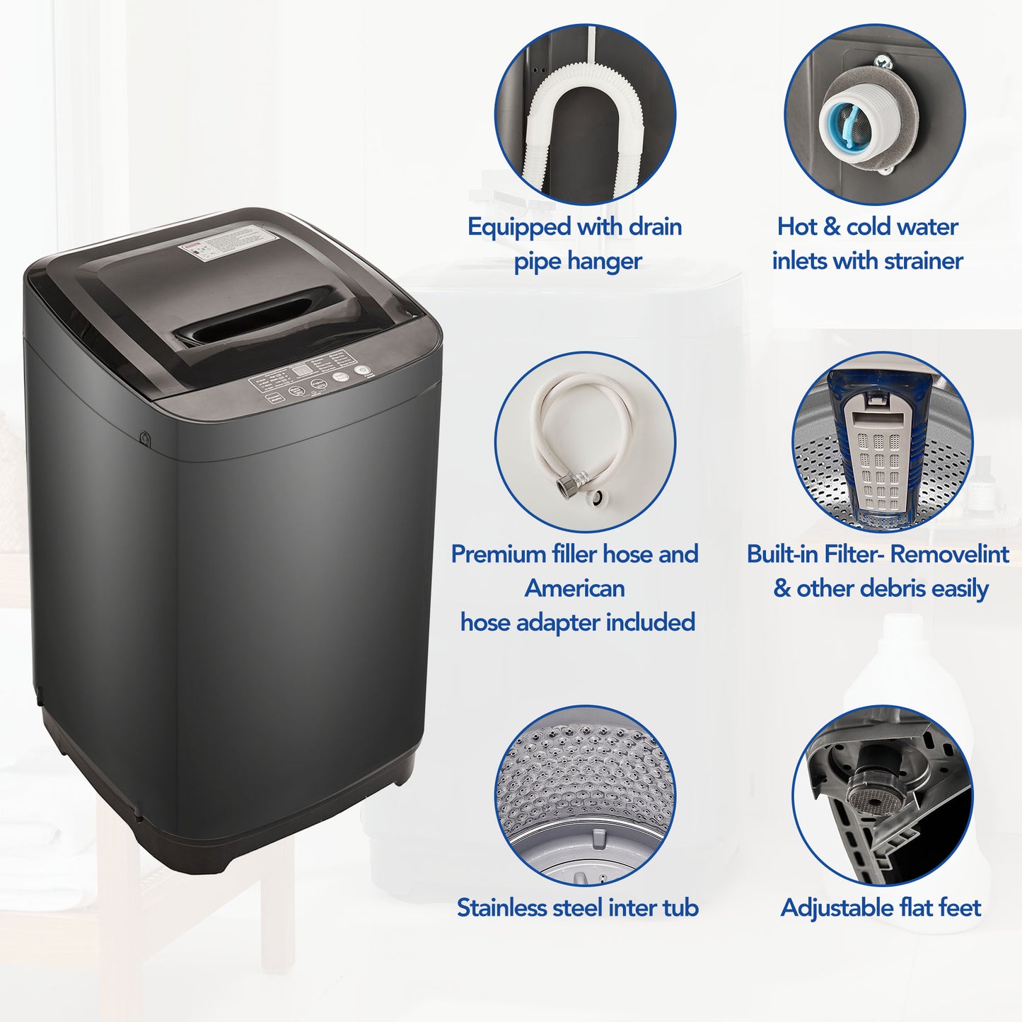 Portable home automatic washer, 15.4Lbs. of laundry, 8 water levels/10 programs for apartments, college dorms, RVs