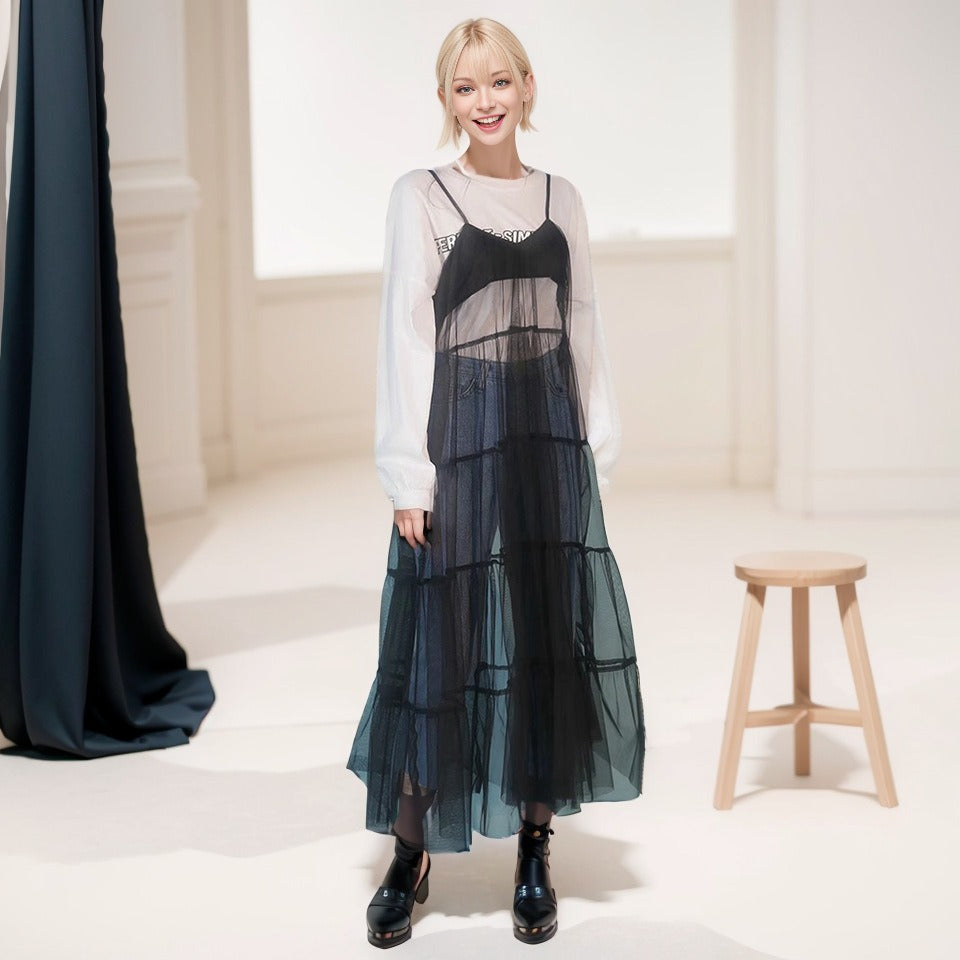 Dressed women's V-neck, shoulder strap, outer cover, gauze skirt, concave shape, explosive street skirt trend