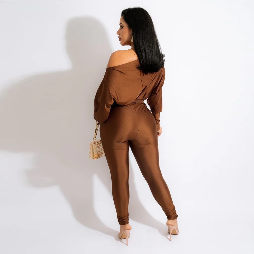 Autumn Women Clothing New Style Hot Sale Fashion Sexy Solid Color One Shoulder Lace Up Long Sleeved Trousers Jumpsuit